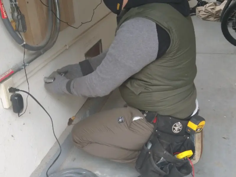 Electrician performing outlet wiring in a Lake Arrowhead garage